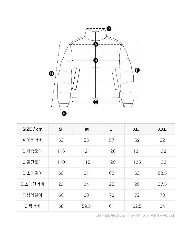 Bảng size của áo khoác lông vũ nam Millet xuất Hàn